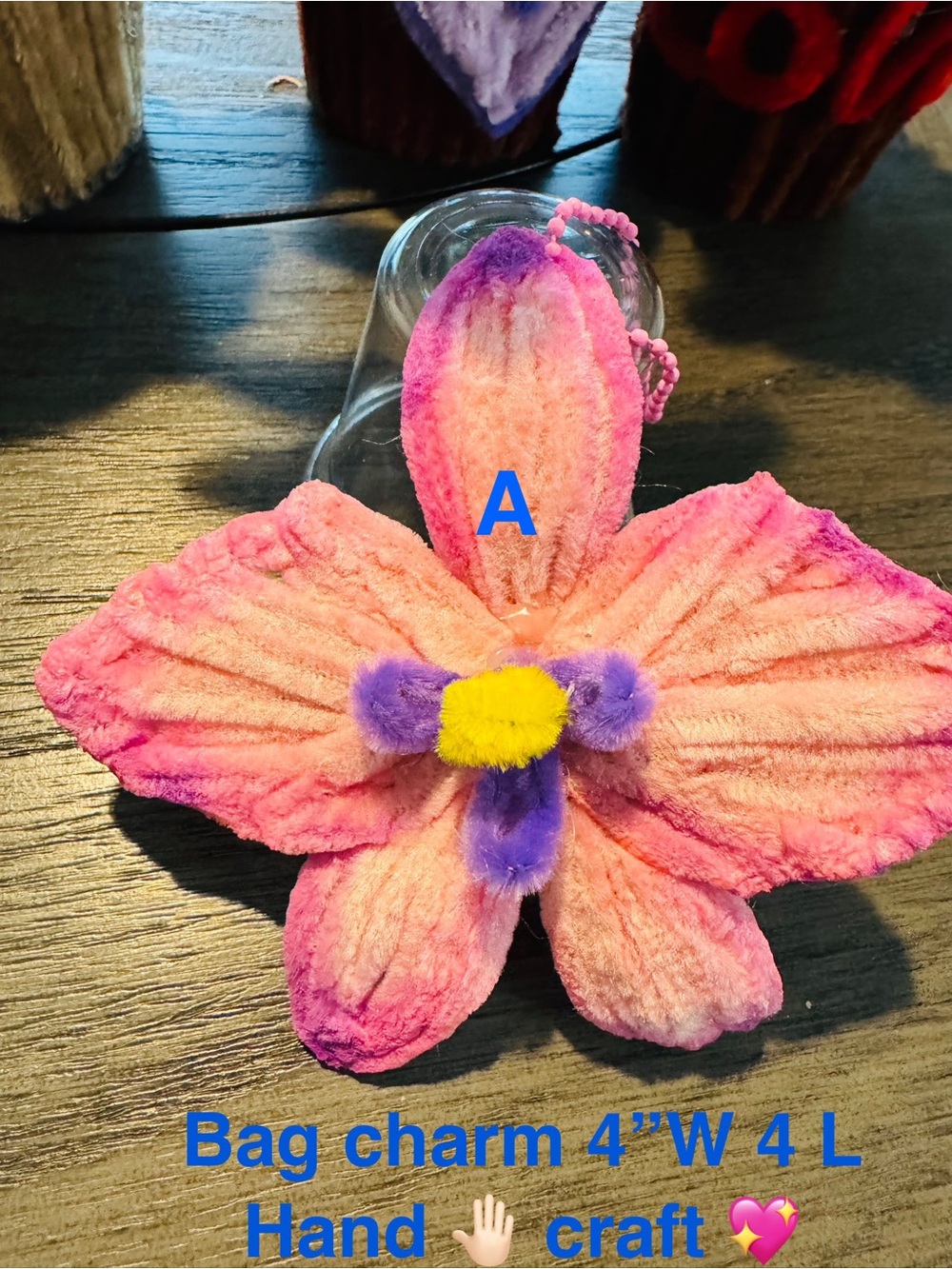 Bag charm Handcrafted Pink Orchid Bag Charm with Purple & Yellow Accents